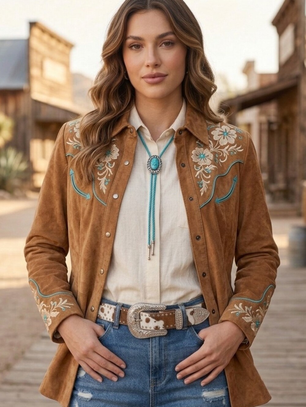NEW Cowhide Western Silver Buckle Belt - Brown And White